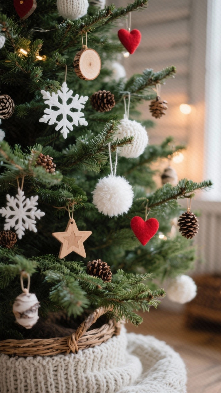 Photorealistic closeup detail shot of Cozy Nordic Cabin Vibes textures on a green tree: white knit ornaments, fluffy white pom-poms, small red felt hearts and stars, tiny wooden ornaments, birch slice accents, and pinecones; DIY white paper snowflakes tucked between branches; warm, soft ambient lighting; base partially visible as a woven basket or chunky knit tree collar; captured from a gentle side angle to highlight texture and natural materials.