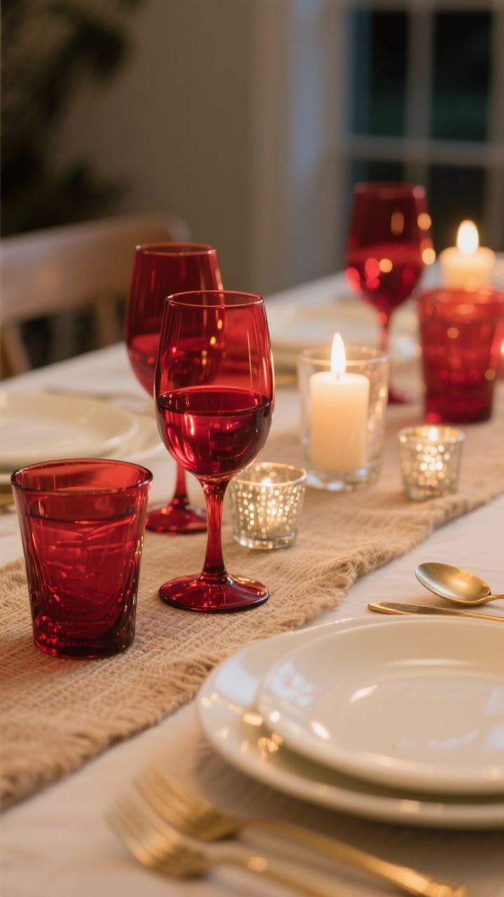 Photorealistic closeup focus on red glassware glow-up: ruby-hued wine goblets and water glasses catching candlelight, set with white or cream plates, subtle gold flatware, tiny mercury glass votives, and a neutral runner (linen or jute) anchoring the scene; jewel-toned light refractions in the glasses, restrained palette elsewhere so the glassware is the hero; soft, warm evening lighting, shallow depth of field, no people