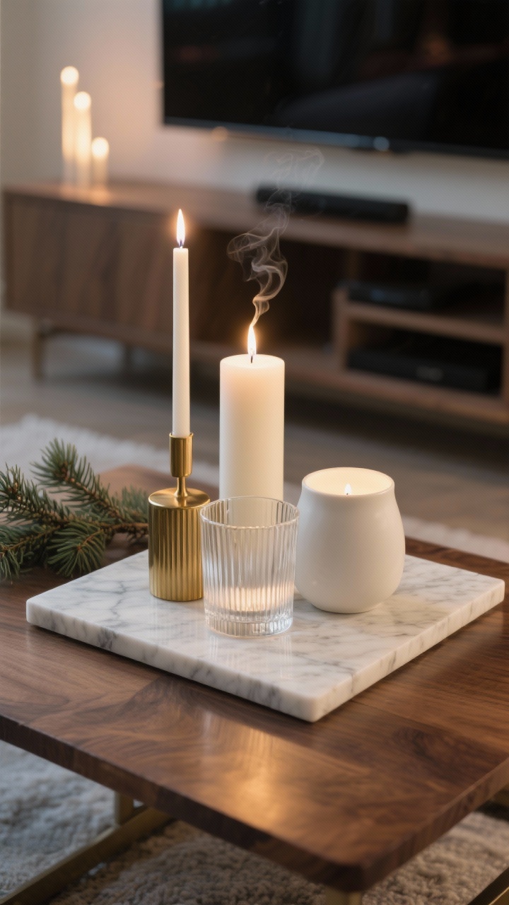 Photorealistic closeup of a contained candle cluster: three candle types—one ivory pillar, one slender brass-held taper, and one clear ribbed glass votive—grouped on a rectangular marble slab protecting a walnut coffee table; mixed holders in brass, ribbed glass, and matte white ceramic for interest; background softly blurred with TV sightline unobstructed; optional LED tapers for safety; subtle scented vibe suggested by balsam/fir sprigs nearby but unscented look; warm, cozy evening glow without smoke.