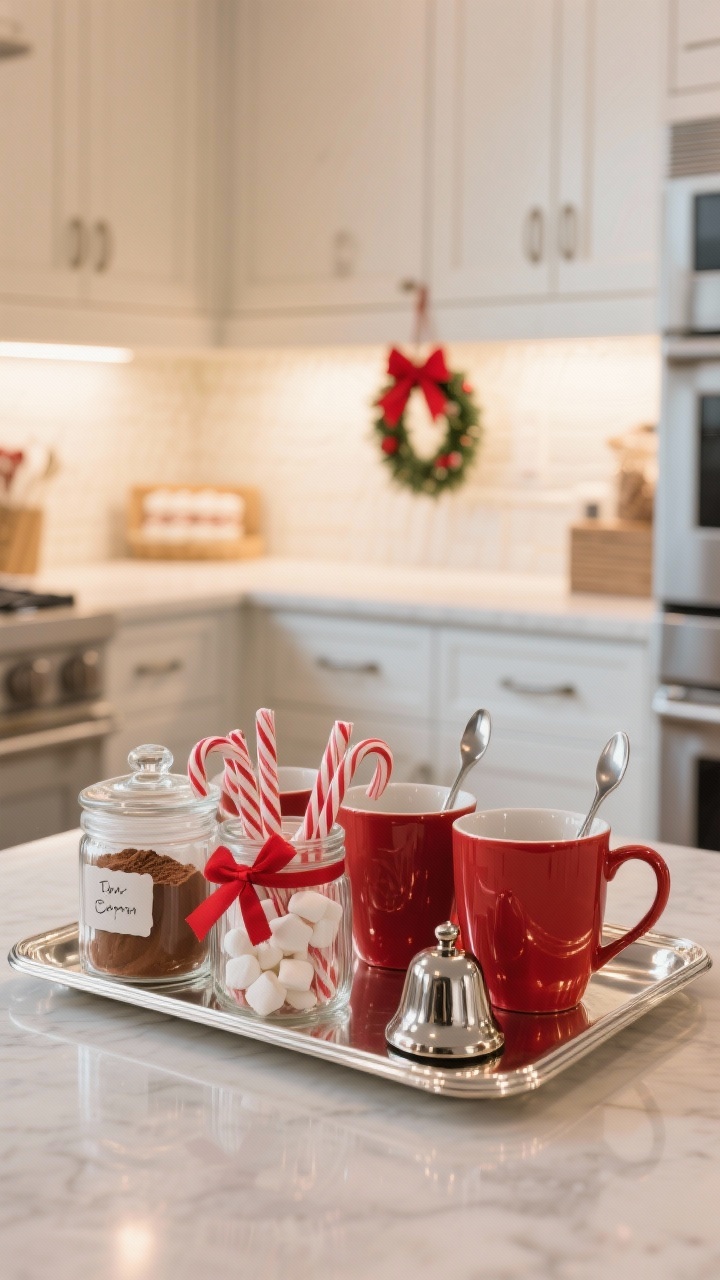 Photorealistic closeup of a cozy kitchen hot cocoa station: a polished silver tray holding red ceramic mugs, clear glass canisters filled with cocoa powder and marshmallows, and striped peppermint sticks; small handwritten labels tied with red ribbon on jars and spoons; tiny wreaths with red bows hung on cabinet doors in the background; a small silver bell resting on the tray; bright but warm kitchen lighting with subtle reflections on the silver.