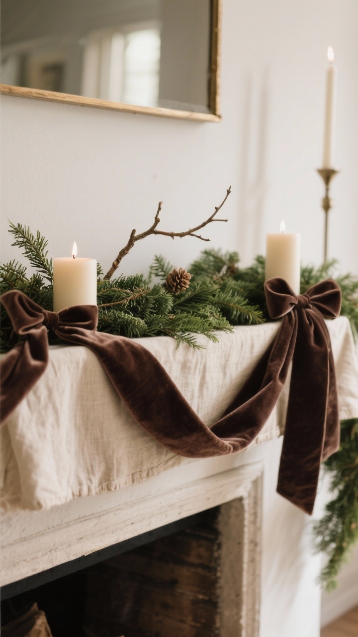 Photorealistic closeup of a mantel “soft edge”: a folded natural linen runner along the mantel under greens, with a wide velvet ribbon in deep taupe draped through the garland and smaller velvet ribbons tied around candle bases and a branch. Repeat ribbon color with a small accent elsewhere for cohesion. Soft, cozy lighting highlighting fabric nap and texture.