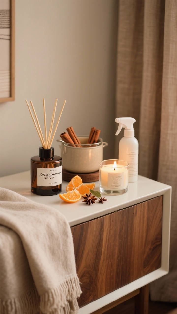 Photorealistic closeup of a scent layering station on a sideboard: a reed diffuser labeled cedar/sandalwood/amber as the base note, two candles with evening notes like cardamom and smoked vanilla (one lit, one unlit), a small simmer-pot setup nearby with orange peels, cinnamon sticks, and star anise visible in a clear pot; a linen spray bottle set on folded curtain swatch/throw corner; cohesive woody-spicy-citrus palette; warm, intimate light and a calm, uncluttered composition.