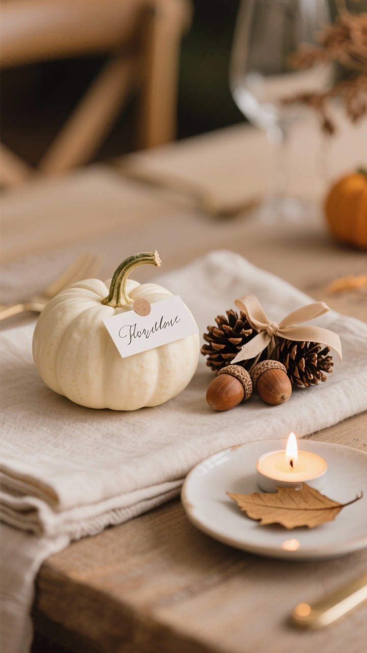 Photorealistic closeup of a signature mini vignette on a place setting: a mini white pumpkin with a calligraphy name tag resting on a linen napkin, next to a tiny cluster of acorns and pinecones tied with ribbon; an individual tea light on a small saucer with a pressed leaf, all low-profile and unobtrusive; warm, cozy mood, shallow depth of field highlighting the details, straight-on close framing