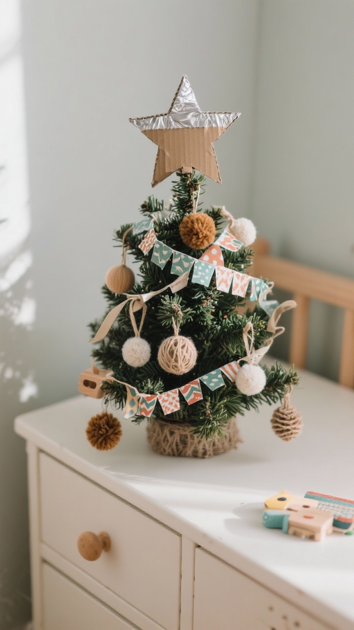 Photorealistic closeup of a tabletop mini Christmas tree on a child’s dresser: small evergreen with felt and wooden ornaments, yarn pom-poms, ribbons, and paper chains made from patterned paper; a handmade DIY cardboard star topper wrapped in silver foil sits on top; natural afternoon light, shallow depth of field highlighting the no-glass, kid-safe decor; overhead three-quarter angle emphasizing texture and handmade personality.