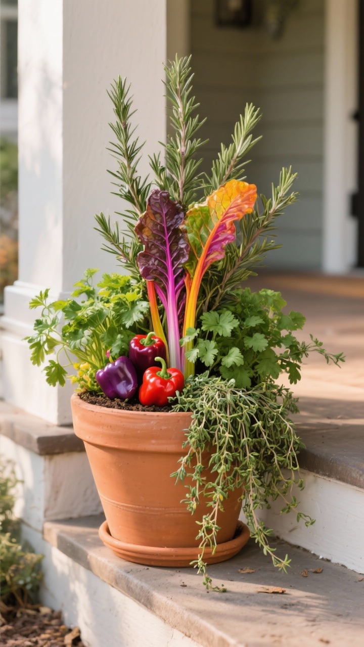 Photorealistic closeup of an edible fall planter: rosemary used as the upright thriller, rainbow chard with vivid stems for color, flat-leaf parsley as a lush filler, and thyme cascading as a spiller; a few glossy ornamental peppers tucked for pops of red and purple; terracotta pot on a porch step, natural side lighting highlighting edible textures and freshness