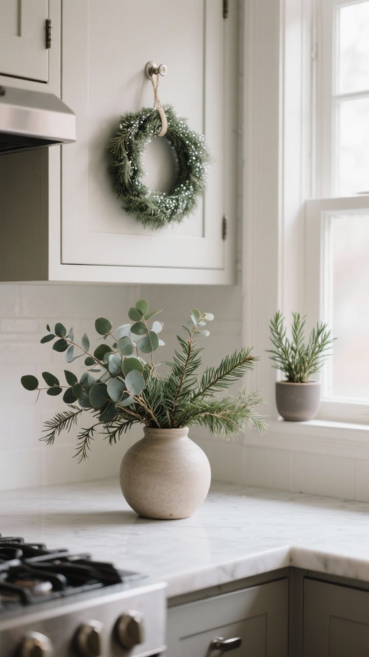 Photorealistic closeup of natural winter greenery in the kitchen: a simple ceramic vase with loose, low evergreen sprigs—eucalyptus and cedar—on a clean counter, a small rosemary plant in a matte pot on the windowsill, and a minimalist wreath (no glitter) hung on a cabinet door via a command hook; soft natural daylight filtering through the window, muted neutral backdrop, shallow depth of field to emphasize texture and freshness; calm, non-holiday feel.