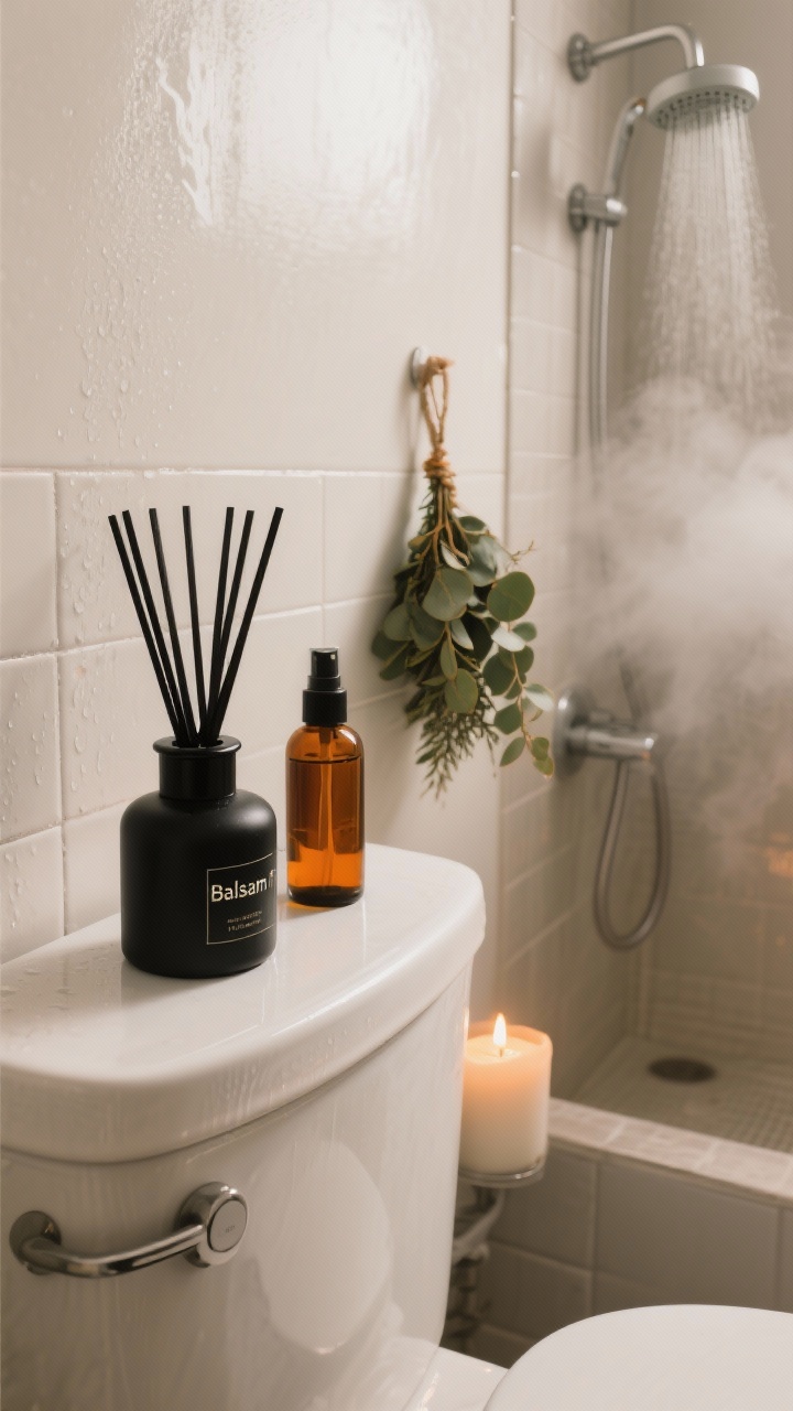 Photorealistic closeup of subtle holiday scents in a small, steamy bathroom: a matte black reed diffuser labeled “Balsam Fir” placed on the toilet tank lid, a minimalist amber-glass room spray in cedar/orange-clove nearby, and a small eucalyptus bundle hanging near the showerhead to release oils in steam. No candles or open flames. Slight condensation on nearby tile, soft warm light, angled from above to emphasize restraint and cleanliness.