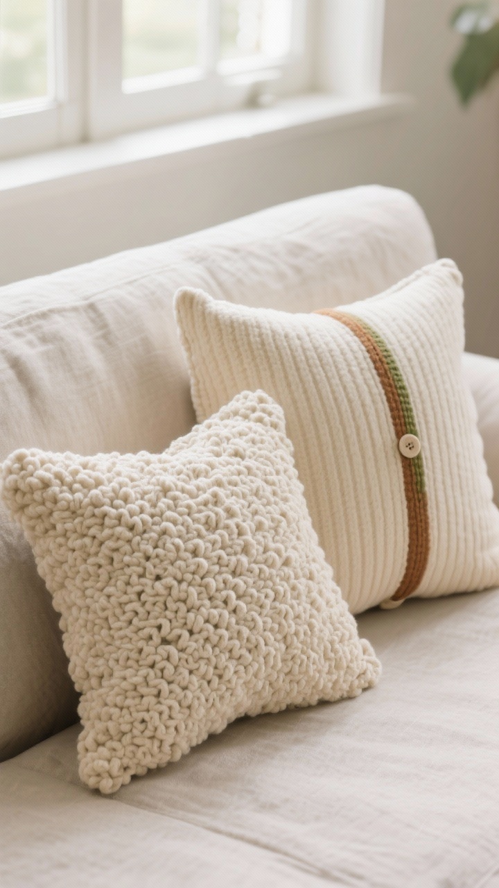 Photorealistic closeup of two crochet pillow covers on a linen sofa: one bobble-textured pillow and one ribbed pillow, both in neutral cream with a slim cinnamon or olive accent stripe; button-back closures visible, plump fit that’s slightly smaller than the insert for a catalog look; soft natural window light highlighting texture, clean and cozy styling, no people