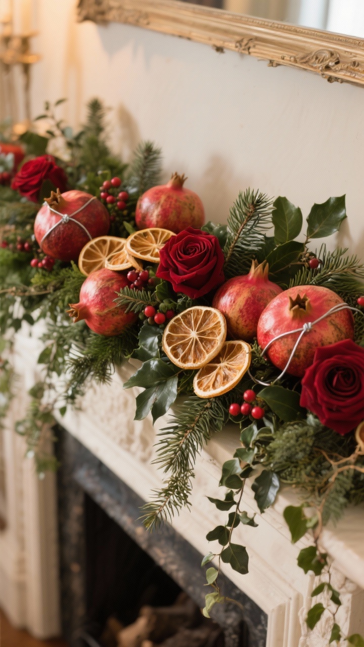 Photorealistic closeup overhead detail shot of Victorian naturals integrated into the garland: dried citrus slices layered through greenery, clusters of whole pomegranates (or realistic faux) secured with floral wire, deep red roses and holly berries tucked among pine, and ivy trails spilling over the mantel edge for a romantic, slightly wild look. Emphasize lush textures, juicy color of fruit, matte and glossy leaf finishes. Warm indoor lighting, subtle shadows, no people.
