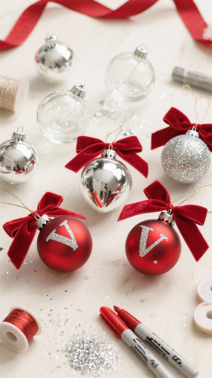 Photorealistic closeup overhead of DIY ornaments on a craft table: clear glass ornaments mid-process with water+vinegar spritz and metallic silver paint creating a mercury glass effect; matte red ornaments with silver adhesive monogram letters; ornaments strung with red velvet ribbon instead of hooks; glitter-dipped silver finishes with taped-off clean lines; a few transparent ornaments for lightness; scattered fine silver glitter, paint pens, and ribbon spools; bright diffuse lighting for crisp detail.