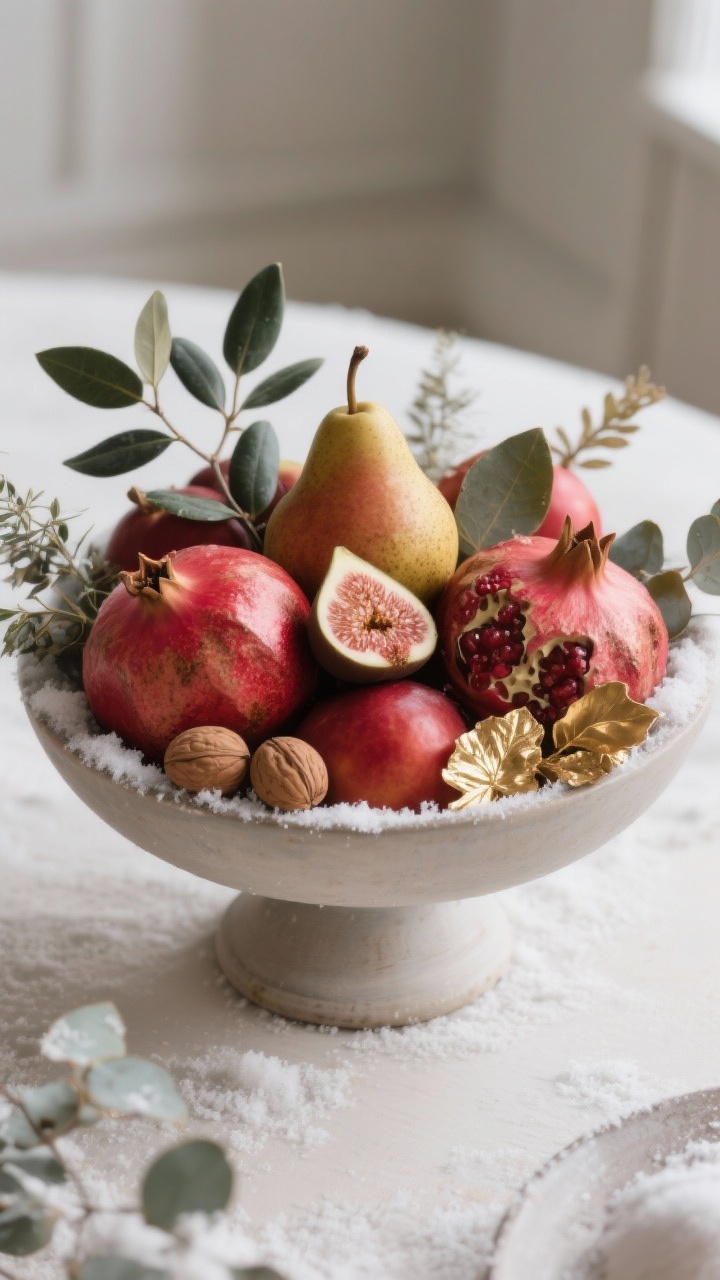 Photorealistic closeup overhead shot of a footed bowl centerpiece brimming with winter fruit: red pears, figs, and pomegranates in dusty, luxe tones; sprigs of olive branch, bay leaves, and eucalyptus tucked between fruit for movement; a few gilded walnuts and delicate gold leaf accents; the bowl lightly frosted with matte faux snow (not on fruit); soft, diffused natural light and subtle shadows.