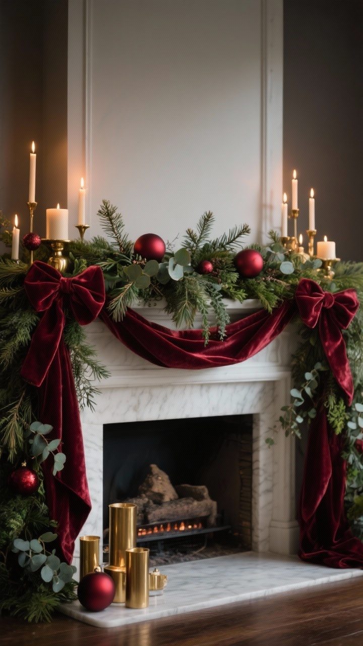 Photorealistic closeup, straight-on mantel detail: a lush mixed greenery garland of cedar and eucalyptus draped over a white fireplace mantel, with wide burgundy velvet ribbon cascading like a waterfall down both sides in loose bows; tucked-in burgundy baubles, and a curated mix of gold and champagne-toned brass candleholders with warm candlelight; moody, cozy evening lighting, soft shadows, no people, rich textures of velvet, silk, and foliage emphasized.