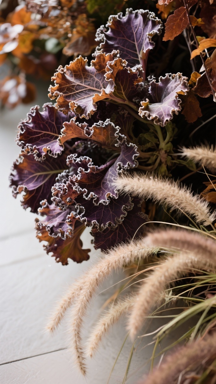 Photorealistic closeup texture study of fall foliage: ruffled, frosted-edged ornamental kale, glossy heuchera leaves in moody plum and caramel tones, and soft, arching blades of carex/pennisetum; shot from a slightly overhead angle with diffused daylight to highlight leaf veins, frilled edges, and the contrast of rounded, spiky, and trailing forms