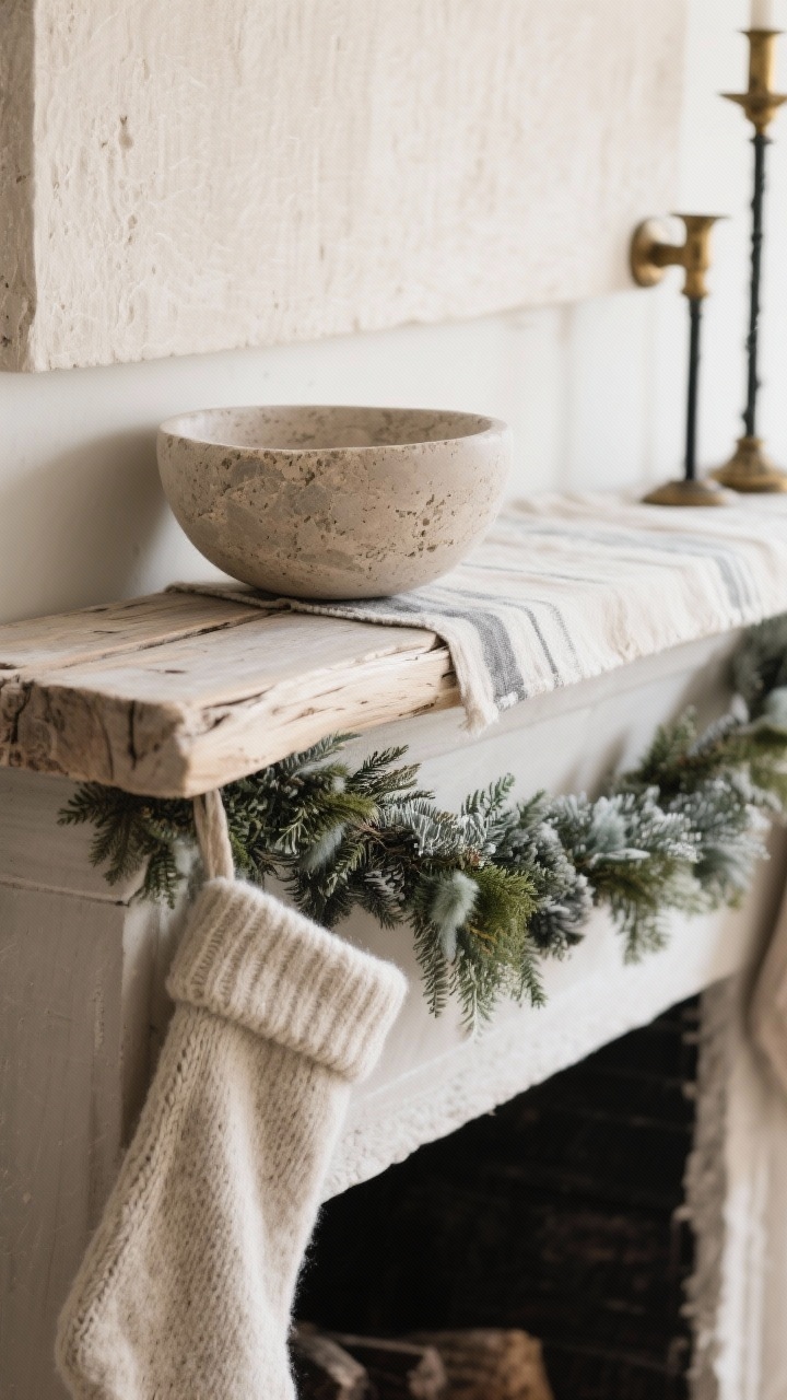 Photorealistic closeup texture study on a neutral winter mantel palette: creams, taupes, charcoal, and soft greens. Include a travertine bowl beside a raw-edge bleached wood riser, felt garland draped lightly, knit stocking edge peeking in, and a linen runner under everything. Add aged brass and black iron accents for contrast. Soft, diffuse daylight highlighting material textures.
