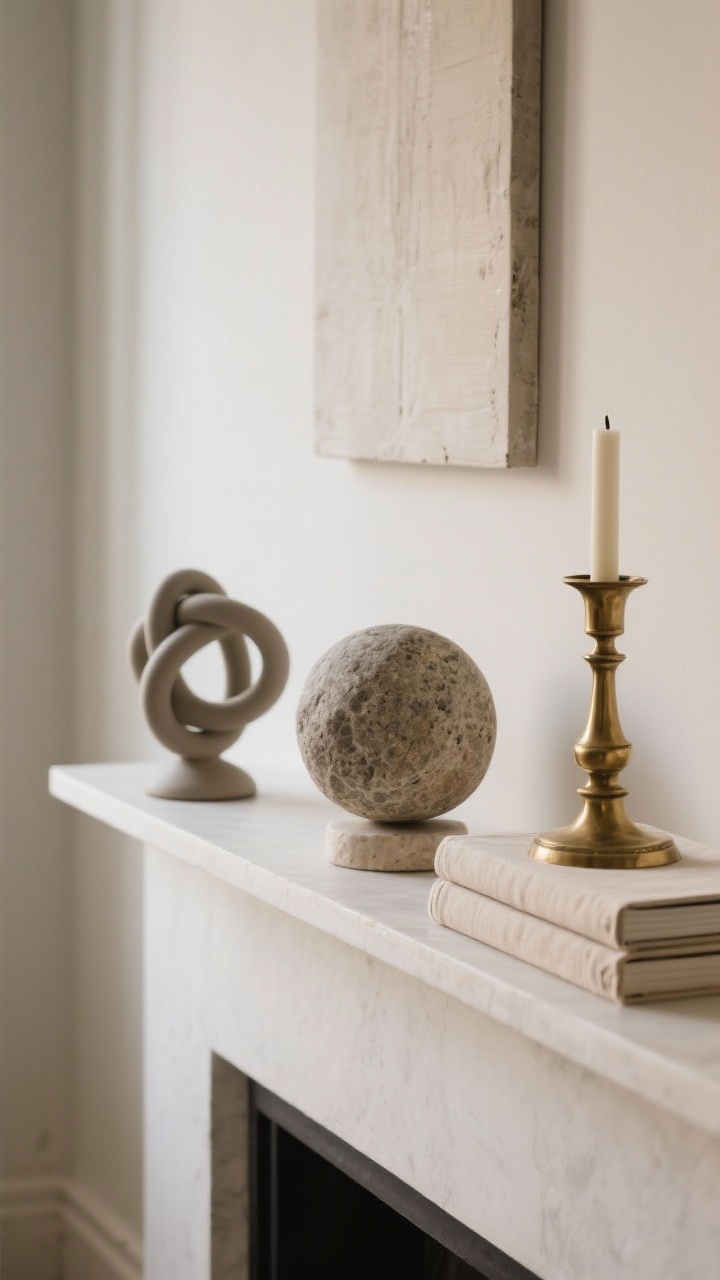 Photorealistic closeup vignette of artful objects on a narrow mantel: group objects in threes—matte ceramic knot, rough stone sphere on a small pedestal, and a vintage brass candlestick. Include a slim stack of linen-covered books to lift the sphere. Minimal backdrop, avoid blocking artwork behind. Mixed finishes: matte ceramic, shiny brass, textured stone. Gentle side lighting.