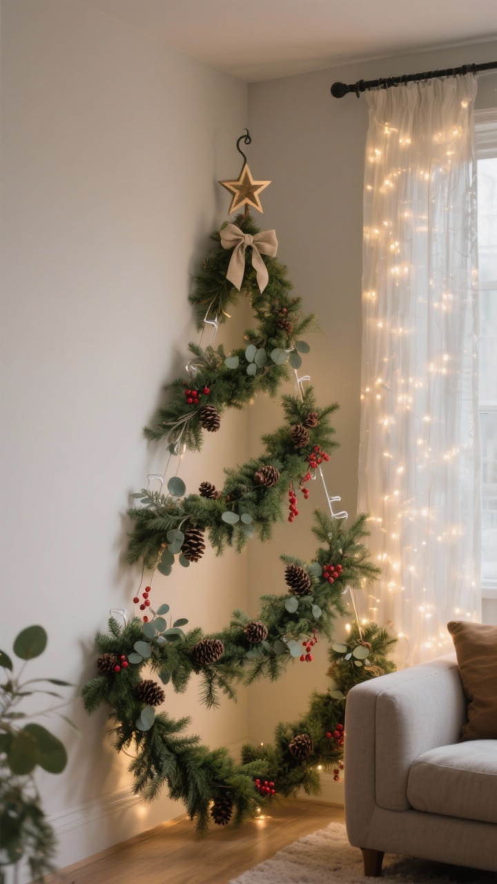 Photorealistic corner angle medium shot of a cascading garland “tree” that hugs two walls in a small living room corner. Starting from a top hook with a statement bow and star, two to three lush evergreen garlands swag downward in a loose triangle, secured with clear hooks. Picks and sprigs—eucalyptus, pinecones, and red berry stems—fill gaps for texture and fullness. Behind the greenery, a panel of curtain fairy lights creates a soft, layered glow that looks especially dreamy at night. Neutral walls, subtle shadow play, intimate festive ambiance.