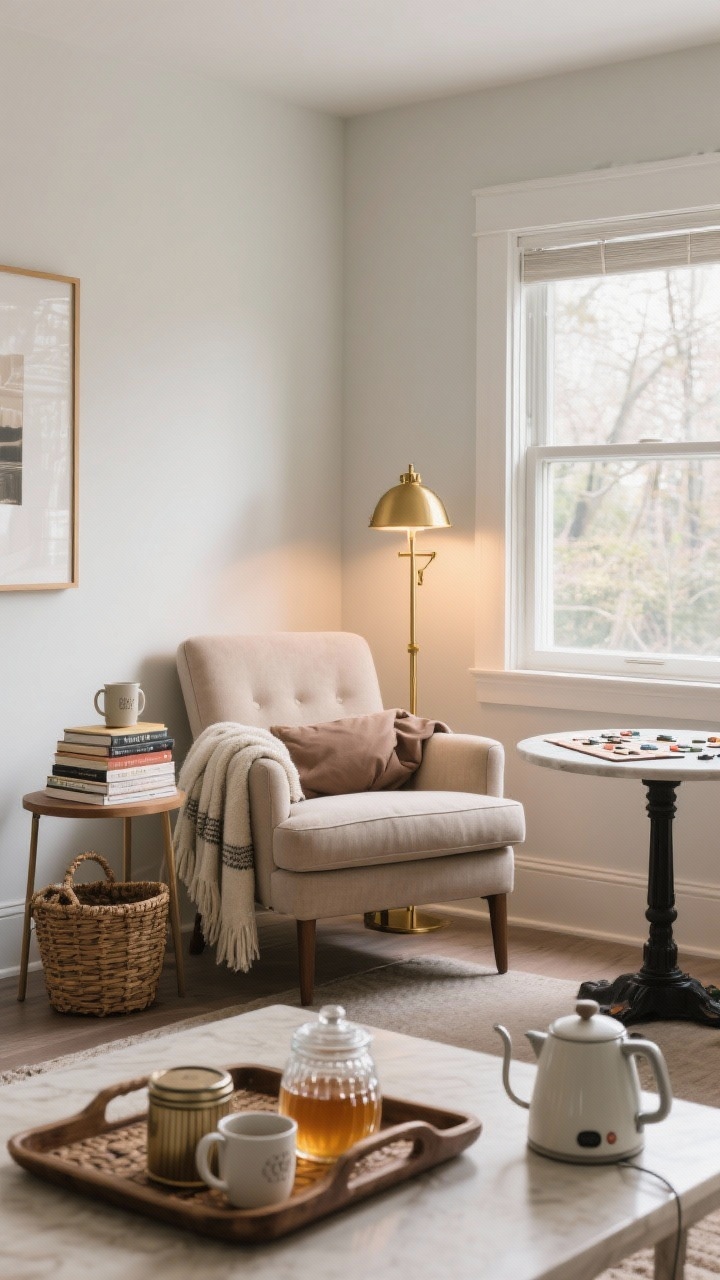 Photorealistic corner wide-to-medium shot of a hibernation nook by a window: a comfy upholstered reading chair with a basket of throw blankets beside it, a slender side table holding a mug and a small stack of actual books, a brass floor lamp providing warm 2700K light; nearby, a compact bistro table set for puzzles with a pretty glass jar for pieces; an adjacent tray-based tea/cocoa bar with mugs, tins, honey, and a small electric kettle; tech-free, intentional, and inviting.