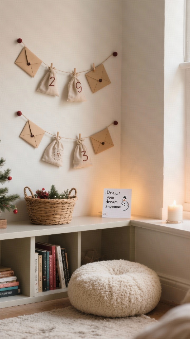 Photorealistic cozy corner medium shot of an Advent nook: a string with numbered envelopes and tiny fabric bags hung neatly on the wall using velcro dots; beneath, a low shelf holds a basket of holiday books and a round floor cushion in soft cream boucle; a small card showing a daily prompt (“Draw your dream snowman”) slips from one envelope; warm ambient light with subtle morning glow; corner angle capturing the intimate ritual space.
