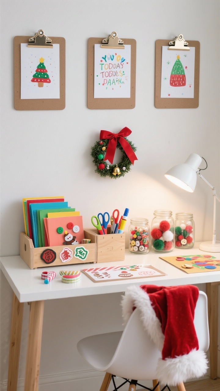 Photorealistic desk scene, straight-on medium shot: a kids’ craft station transformed into Santa’s workshop—tray organized with holiday stickers, colored paper stacks, rubber stamps, and washi tape rolls; a small caddy holding kids’ scissors and glue sticks; clear glass jars neatly filled with pompoms, jingle bells, and buttons; three clipboards mounted above displaying today’s festive art; a mini wreath tied with red ribbon on the chair back; bright task lighting, crisp organized vibe.