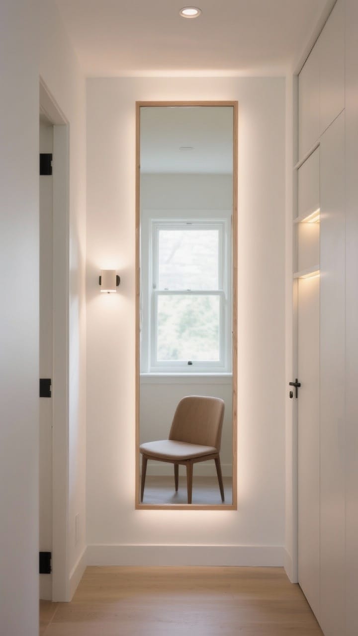 Photorealistic detail shot capturing visual spaciousness: a slim-framed mirror mounted opposite a window reflecting soft natural light, a simple light wood frame to reduce visual clutter; layered lighting visible in frame edges—flush-mount ambient light above, a dimmable wall sconce near a chair for task lighting, and a subtle nightlight glow from a closet; clean, bright atmosphere that makes the small space feel larger