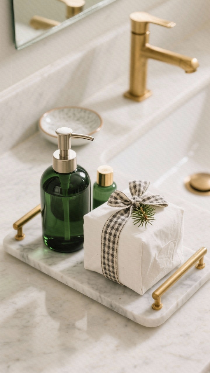 Photorealistic detail shot of elevated essentials on a vanity: a dark green glass soap dispenser and matching lotion bottle on a thin marble tray, a linen-wrapped tissue box cover in winter white, and the top toilet paper roll tied with a narrow plaid ribbon with a tiny pine sprig tucked in. Repeated brass elements appear in the tray’s edge, faucet, and a small rimmed dish to satisfy the “repeat one material three times” tip. Clean, intentional styling, overhead three-quarter perspective, warm natural light.