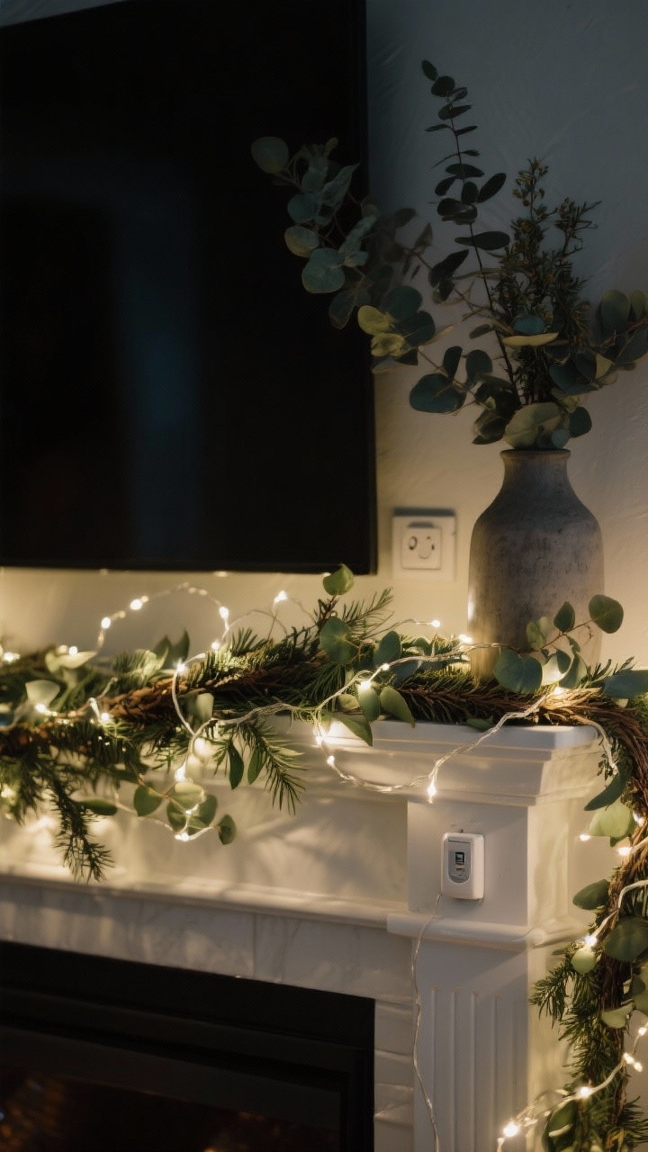 Photorealistic detail shot of micro lights woven through a cedar-eucalyptus garland on a mantel: warm white fairy lights only, one delicate strand, battery pack hidden behind a vase; timer switch subtly visible if seen. Nighttime scene with subtle sparkle, greens disappearing into darkness, no excessive glow—simple, cozy ambiance.