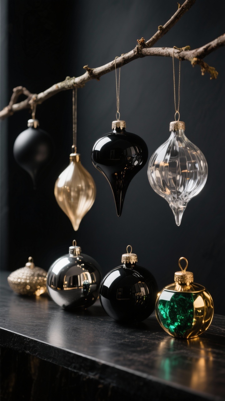 Photorealistic detail shot of ornaments arranged on a dark surface and hanging on a branch: a curated mix in three palettes—(1) black + smoke + champagne, (2) black + clear glass + silver, (3) black + emerald + brass—featuring finishes in matte, satin, mirrored, and translucent; warm ambient lighting to avoid a “black hole” effect; subtle reflections and depth; no people