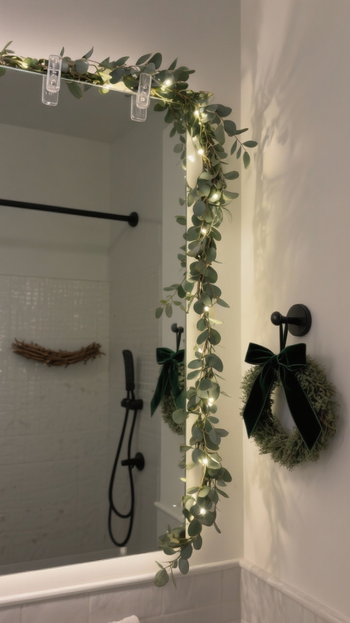 Photorealistic detail shot of vertical greenery in a small bathroom: a frameless mirror with a slim faux eucalyptus garland draped along the top edge, secured by clear adhesive hooks, and warm white battery micro-lights woven through for a gentle glow. In the background, a hint of a shower rod with a simple faux cedar strand across the ends (kept away from the wet zone) and a single velvet ribbon-tied mini wreath on a matte black hook. Moody spa-like lighting, three-quarter angle.