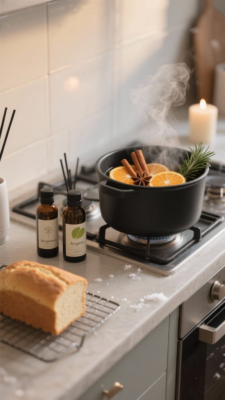 Photorealistic medium closeup of a soft winter scent setup on a stove: a matte black pot simmering with orange slices, cinnamon sticks, star anise, and a sprig of rosemary; nearby, a minimal essential oil diffuser with labeled bottles (fir, bergamot, cedar) and a cooling rack with a simple vanilla loaf; warm, subtle lighting with background calm—unscented candle unlit near active cooking; steam visible, neutral counters and backsplash, cozy winter ambiance, side angle.
