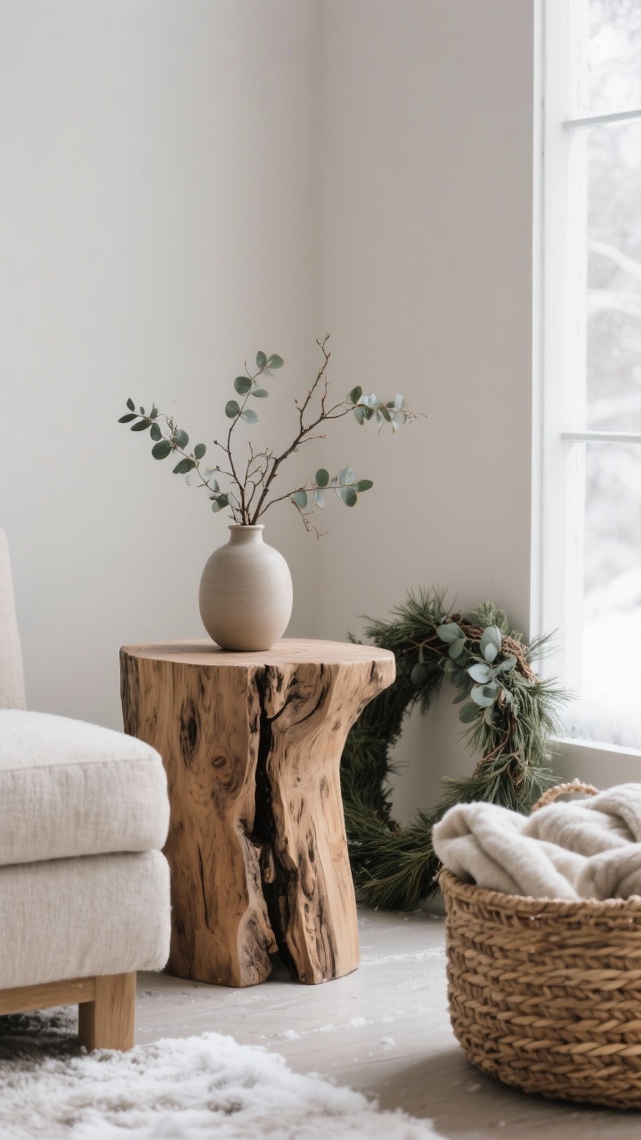 Photorealistic medium closeup vignette emphasizing natural elements: a live-edge raw wood side table holding a minimal ceramic vase with foraged twigs, a small eucalyptus-and-cedar wreath leaning casually nearby, and a woven basket on the floor storing folded blankets; neutral, calm palette with organic textures; soft morning light from the side highlighting wood grain and woven fibers; serene, grounded winter feel.