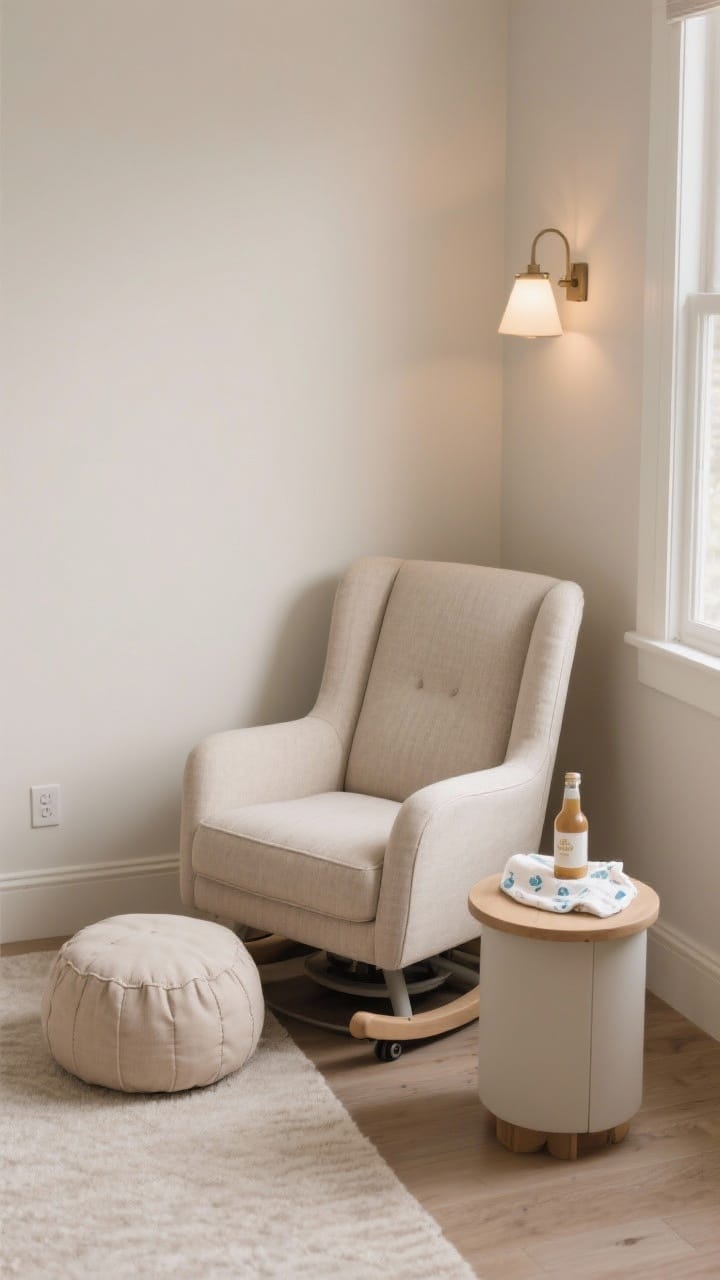 Photorealistic medium corner shot of a compact seating zone: a slim swivel glider (28–32 inches wide) with a tight back and narrow arms in a neutral fabric, high enough back for head support; a small pouf tucked under the chair; a petite side table with a raised edge holding a bottle and burp cloth; gentle lamplight from a nearby wall sconce for cozy nighttime feeds; uncluttered, space-conscious layout