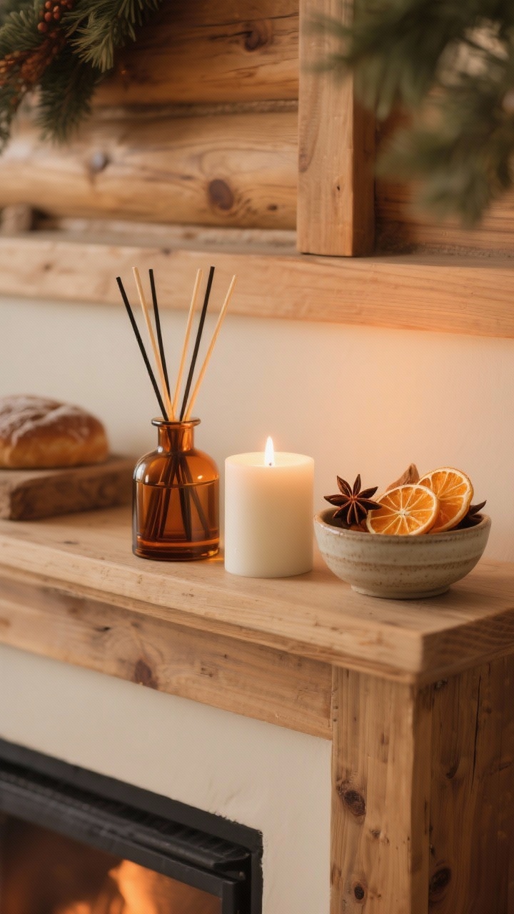 Photorealistic medium detail of a seasonal scent cluster on a mantel: an amber glass reed diffuser, an unscented ivory candle for glow, and a small ceramic bowl filled with dried orange slices and star anise. Palette: warm woods, soft creams. Suggest cozy cabin or bakery-adjacent notes visually but keep it subtle. Soft evening light with gentle candle glow, uncluttered styling.