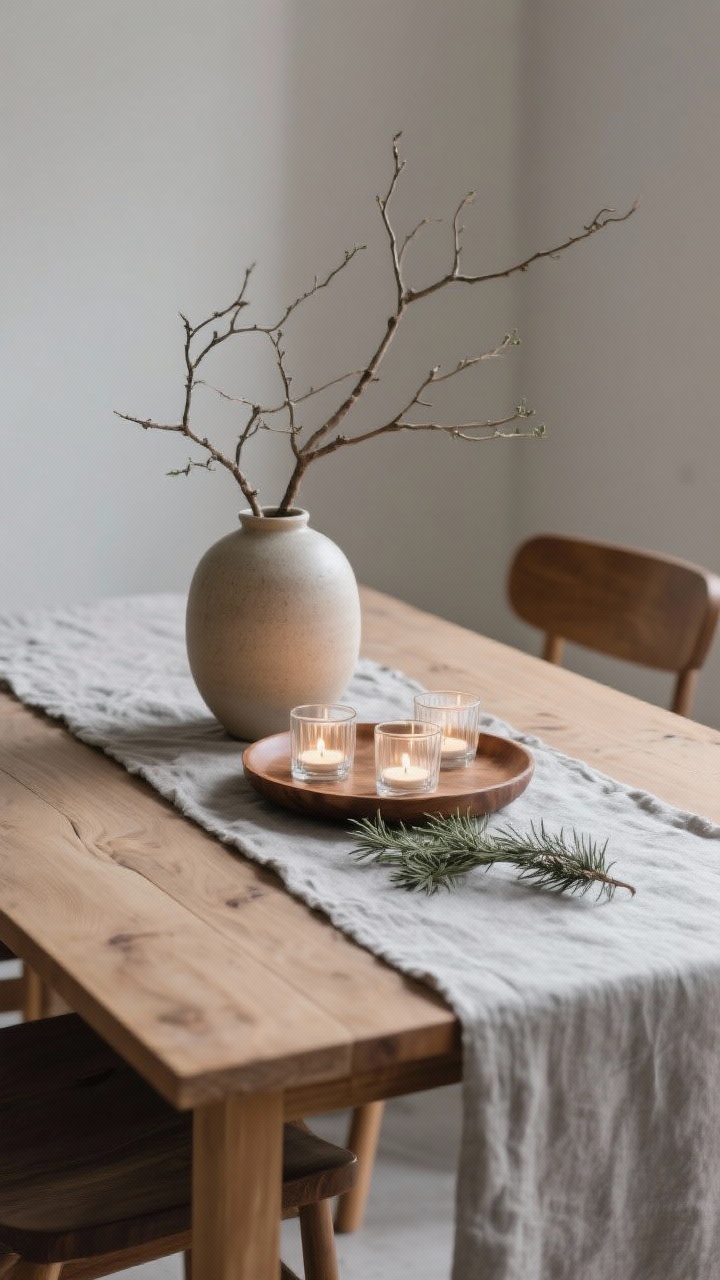 Photorealistic medium, low-profile Scandinavian hygge tablescape: a natural or gray linen runner, a warm wooden tray holding simple glass tea light holders with soft candlelight; a single ceramic vase with bare branches and a few sprigs of juniper or rosemary laid casually; minimal, calm palette of warm wood and cool neutrals; clean, uncluttered composition, eye-level angle that preserves sightlines across the table.