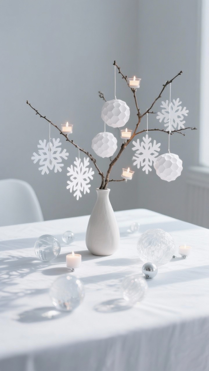 Photorealistic medium shot capturing snowflake shadows with paper and light: a low branch anchored in a simple vase with white paper snowflakes and white honeycomb balls hanging delicately; LED tea lights placed below casting soft, intricate shadows across the tabletop; translucent glass baubles and clear ornaments scattered for an icy, ethereal effect; cool-to-neutral white palette, airy mood; shot straight-on with visible shadow play.