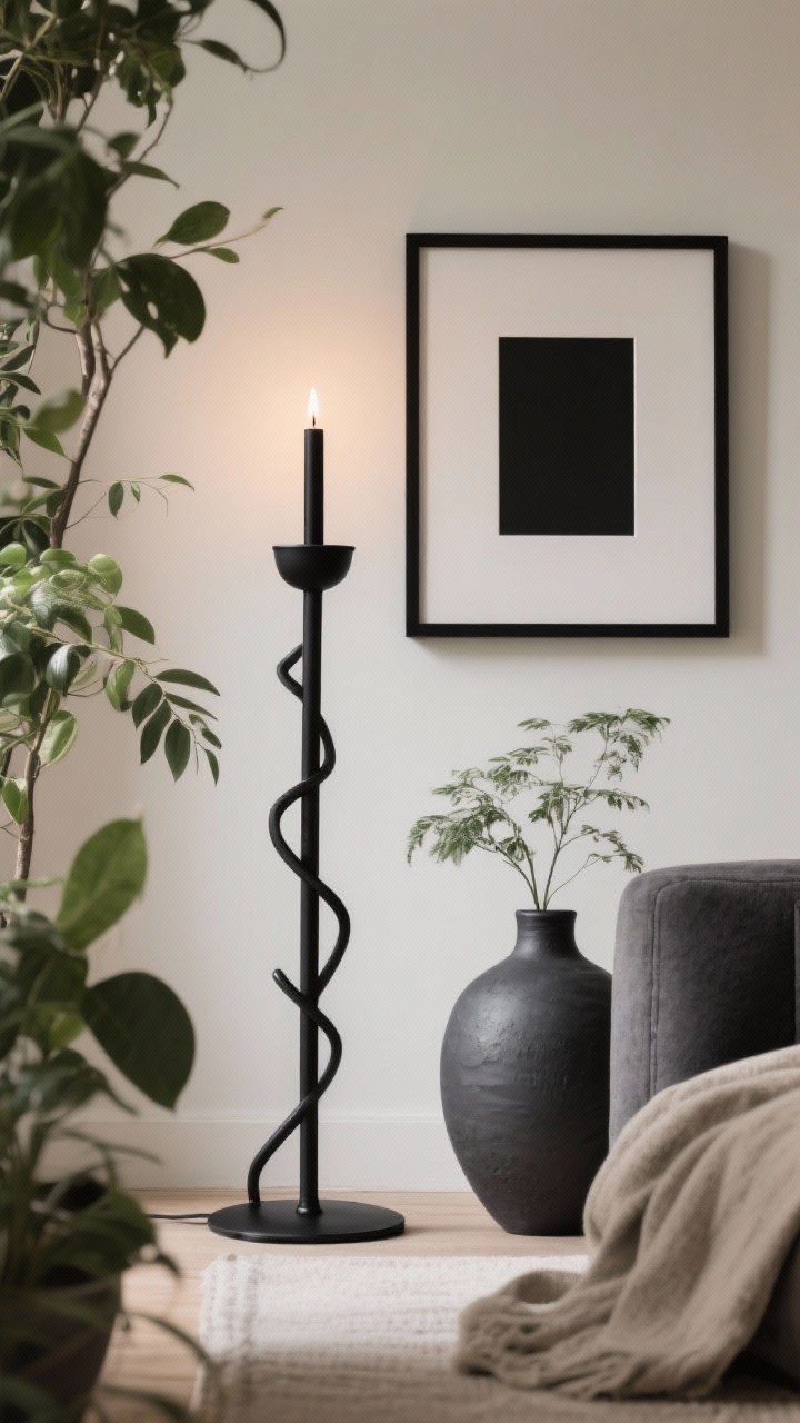 Photorealistic medium shot emphasizing black accents for contrast: a tall matte black iron candleholder as an anchor, echoed by a slim black picture frame and a charcoal ceramic bud vase. Surround with neutral greenery for warmth. Mix finishes—matte and glossy black. Warm ambient lighting to make the shadows feel cozy, clean composition.
