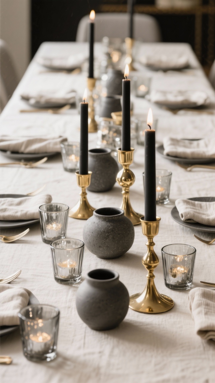 Photorealistic medium shot focusing on metallics with restraint: brass, silver, and smoked glass candleholders artfully mixed along the center; mercury glass votives adding frosted sparkle; matte ceramic pieces and rough-textured linen napkins tempering the shine; black or slate candles introducing a modern edge; warm, balanced lighting that avoids glare; captured from a straight-on angle highlighting contrast of glossy and matte textures.