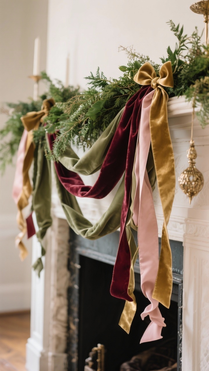 Photorealistic medium shot focusing on ribbon styling across a greenery-draped mantel: velvet and silk ribbons in muted moss, oxblood, dusty rose, and antique gold; loose bow tails woven into the garland for movement; layered thin and wide ribbons adding dimension; some ribbons used as elegant ties for hanging elements; soft, nostalgic afternoon light, no people