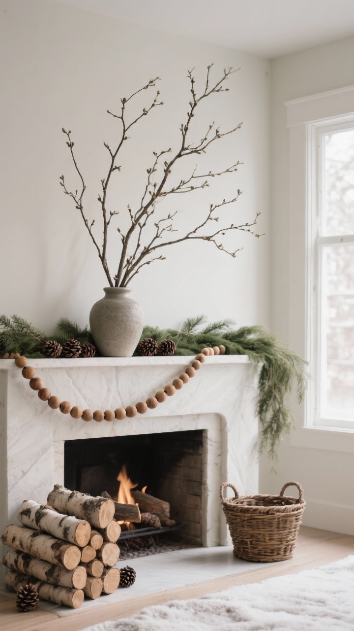 Photorealistic medium shot highlighting nature’s sculptures: tall bare dogwood and willow branches in a stoneware vase on the mantel; along the greenery, scattered pinecones; beside the hearth, a basket stacked with birch logs; a wooden bead garland softens the scene. Tonal, gallery-like styling, no kitschy elements. Soft winter daylight, muted colors and natural textures.