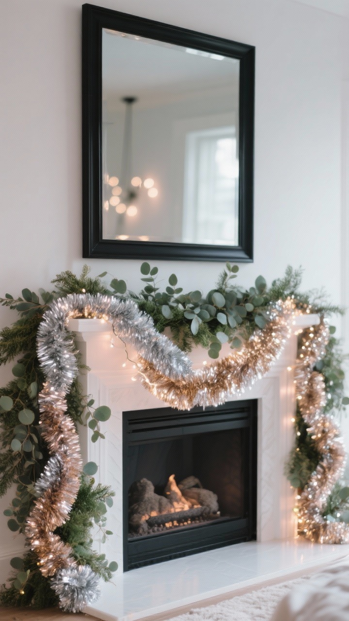 Photorealistic medium shot of a Christmas mantel styled in “tinsel glam”: a grounded base of lush faux greenery and eucalyptus garland, loosely draped metallic tinsel in mixed silver and champagne gold, a tight palette of silver, blush, and soft green, with a single strand of warm white fairy lights weaving through to soften the sparkle; sleek modern black-framed mirror above, clean white fireplace surround, subtle bokeh from the lights, evening indoor glow, no people, crisp detail on mixed finishes and reflective tinsel
