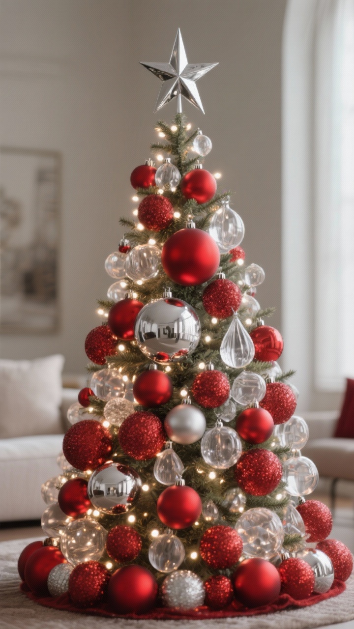 Photorealistic medium shot of a Christmas tree styled in a strict red, silver, and clear glass palette; warm white lights for a cozy glow; base layer of evenly spaced matte red and shiny silver ball ornaments, layered with clear glass drops; varied textures including matte, mirrored, glitter, and frosted finishes; clusters of three ornaments (one large silver orb, one matte red ball, one clear glass drop) for a designer look; topped with a dramatic silver star; neutral living room backdrop softly blurred to keep focus on the tree.