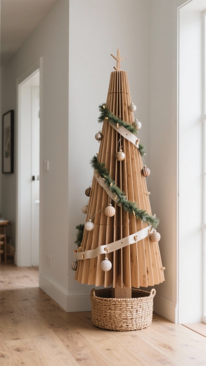 Photorealistic medium shot of a collapsible Christmas tree with modern charm in a hallway corner: a slim wooden slat tree (accordion-style) pops up in minutes, with ribbon garlands and clip-on ornaments for polish. A woven tree collar basket completes the base. Kid-friendly vibe with smooth edges; eco-conscious feel implied by natural wood tone and simple materials. Neutral walls, light oak flooring, soft daytime window light. Ultra-slim profile emphasized by a side perspective that shows how little space it occupies.