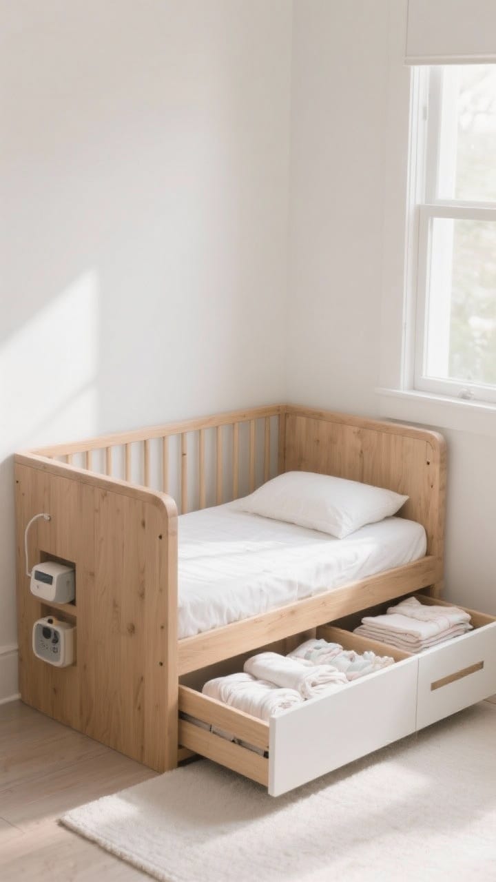 Photorealistic medium shot of a compact nursery corner featuring a modern mini crib in natural wood with built-in under-crib drawers partially open, neatly showing folded sheets and swaddles; airy soft-white walls, 12–18 inches of clearance around the crib for access; fitted white crib sheet only, no pillows; warm morning light from a nearby window; subtle details like a small stack of swaddles and a tucked-away “mystery gadget” organizer in a drawer, emphasizing the multitasking crib and tight footprint