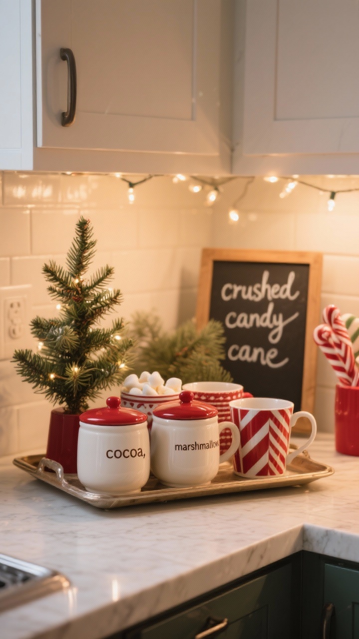 Photorealistic medium shot of a cozy hot cocoa bar on a tray in a kitchen corner: ceramic canisters labeled “cocoa,” “marshmallows,” and “crushed candy cane”; mixed-pattern mugs within a cohesive red-and-cream palette; a small pre-lit tabletop tree adding height; a sprig of faux pine; a tiny chalkboard-style sign with neat lettering. Warm ambient lighting, counter-level eye line, slight corner angle. Props neatly arranged and inviting, with subtle holiday sparkle.