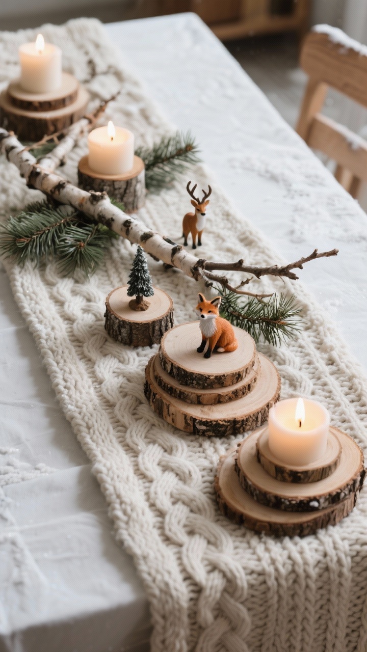 Photorealistic medium shot of a cozy winter table with a chunky knit runner (cable-knit texture) as the base; stacked natural wood slices used as pedestals for candles and mini arrangements; birch branches, pine sprigs, and tiny woodland figurines like foxes and deer arranged tastefully; warm, soft lighting emphasizing tactile textures; captured from a slightly overhead angle to show layered elements.