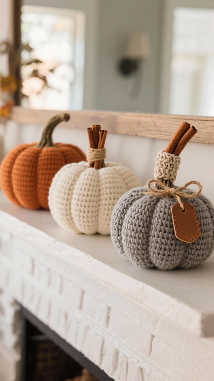 Photorealistic medium shot of a curated trio of crocheted pumpkins on a mantel: terracotta, ivory, and heathered gray tones; ribbed stitch creating natural segments; lightly stuffed for organic shapes; stems made from cinnamon sticks and a jute-wrapped crocheted stem; optional small leather tag and twine bow details; warm fall lighting, modern farmhouse vibe, no people