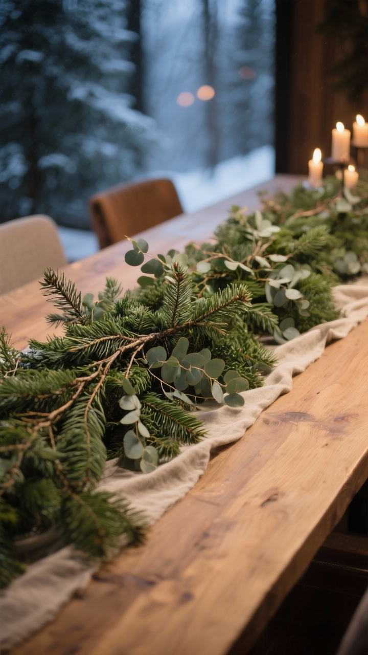 Photorealistic medium shot of a dining table with a low, lush evergreen garland runner made from layered cedar (draping), fir and pine for structure, and sprigs of eucalyptus for soft movement; misted fresh look; no fabric runner; neutral wood table, warm wood tones, soft evening candlelight bokeh in background; greens kept low to preserve sightlines; subtle floral wire hidden within stems; natural, cozy, upscale winter forest vibe.
