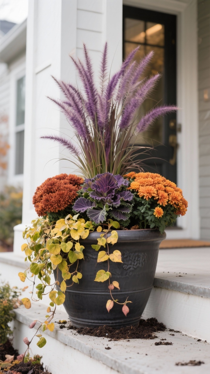 Photorealistic medium shot of a fall porch planter styled with the thriller–filler–spiller formula: a deep charcoal ceramic pot with purple fountain grass as the tall thriller, mounded rust and amber mums plus ornamental kale as fillers, and cascading chartreuse sweet potato vine and creeping jenny spilling over the rim; arranged in odd-number groupings, straight-on angle at entry steps, soft overcast daylight, crisp leaf textures and moist potting soil visible