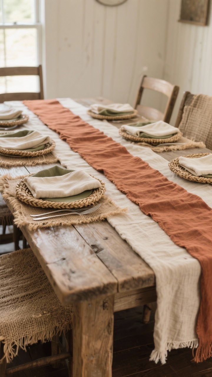 Photorealistic medium shot of a farmhouse dining table styled with layered textiles: an oatmeal linen runner lengthwise and a rust linen runner laid across, revealing the grain of a weathered wood tabletop; mix of textures including linen, burlap accents, and chunky cotton; woven seagrass chargers with soft cream cloth napkins; earthy palette in taupe, caramel, olive, and cream; soft daylight from a nearby window, straight-on angle, focus on the cozy, lived-in foundation with subtle depth of field