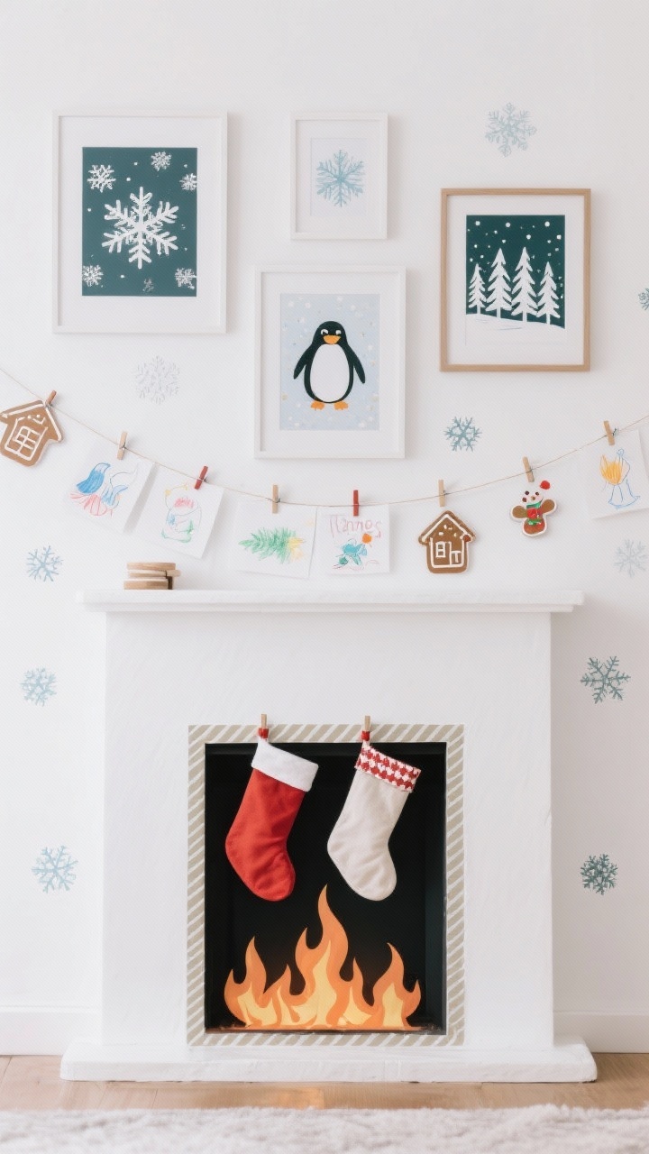 Photorealistic medium shot of a festive wall: a washi tape fireplace outlined on a white wall with a simple mantle shape, paper “flames” inside, and two small stockings hung on the tape mantle; above and around it, holiday-themed art prints of snowflakes, penguins, and winter forests in slim frames; a string gallery with kids’ drawings clipped by mini clothespins runs nearby; removable decals of snowflakes and gingerbread houses scattered; straight-on view for graphic clarity, bright even lighting.