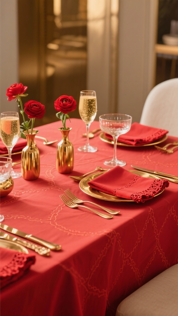 Photorealistic medium shot of a fresh glam red and gold table: crisp red linens with minimal pattern, brushed brass flatware, thin-rimmed champagne coupes, red hemstitch napkins, and a few small gold bud vases holding short-stem red ranunculus or roses; soft, modern finishes (no heavy glitter, no ornate chargers), balanced composition with warm, diffused lighting that gives a subtle brass glow, no people